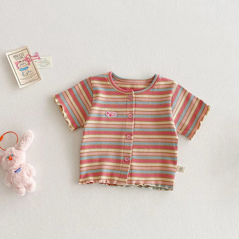 New Summer Girls Colourful Striped Cardigan Kids Short-Sleeved Knitted Sweater Children Cute Lace Bow Jeans 0-5Y Girls