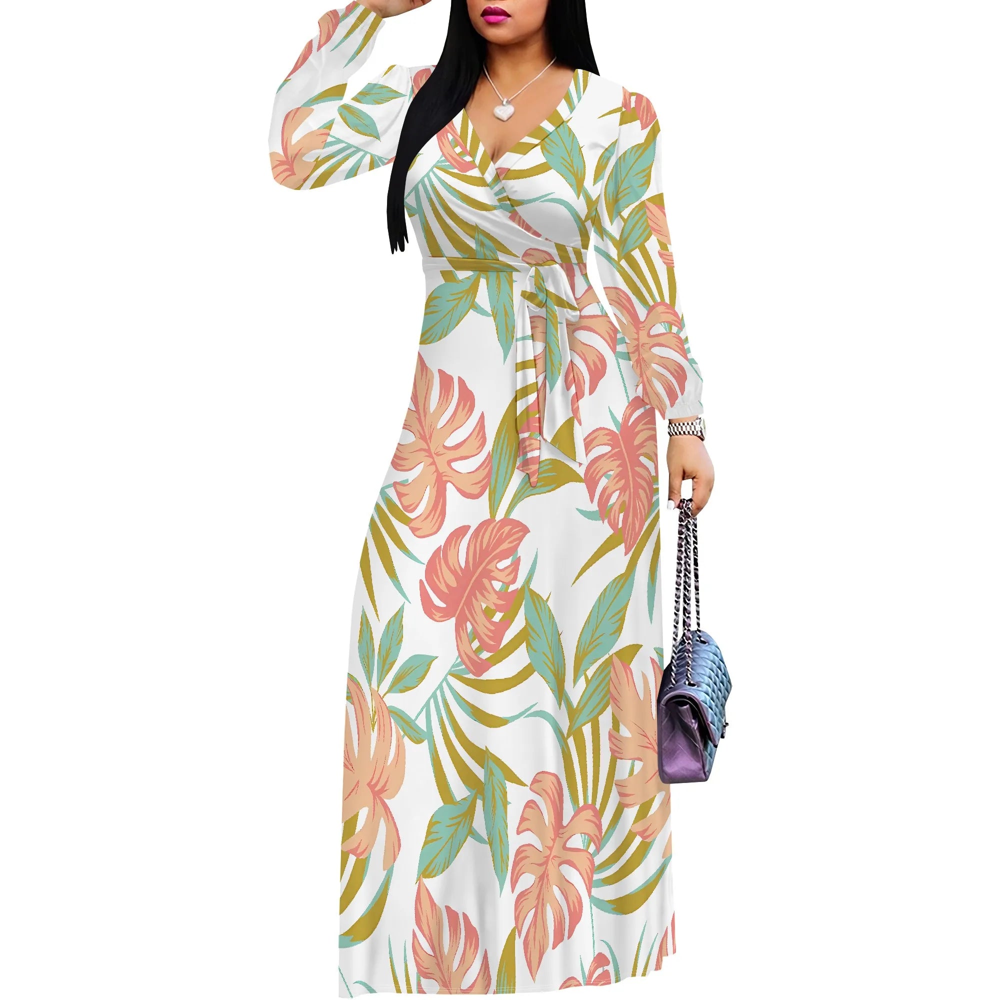 Standard Size Long Sleeve V Neck Maxi Dress White Tropical Leaf Print Casual Vacation Outfit
