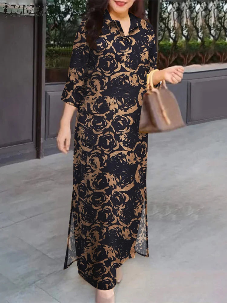 Floral Print Casual Long Vestidos Pure Cotton Vintage Slit Hem Autumn Shirtdress 3/4 Sleeve Women Vacation Maxi Dress
