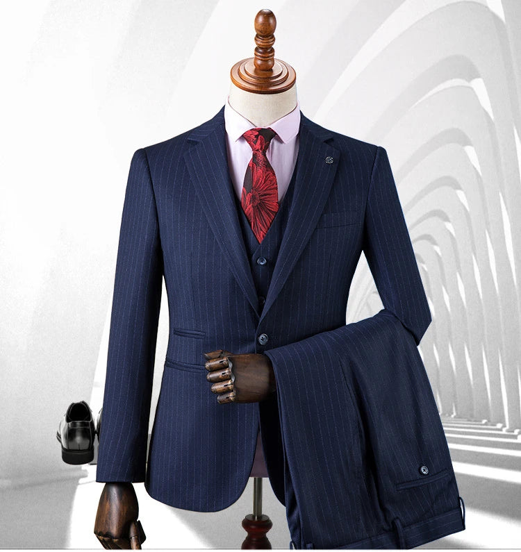 Men's Premium British Striped Suits, Business Formal Dress, Wedding, and Groom, Slim-Fit, Coat Vest & Pants -  Customized Sizes Available