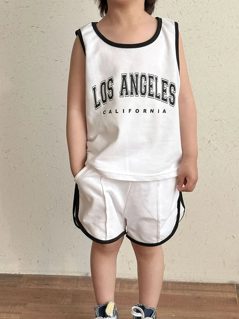 New Summer Kids Clothes Set Children Thin Style Letter Sports Suit Girls Tank Top Shorts Boys Outfits 4-6Y Unisex