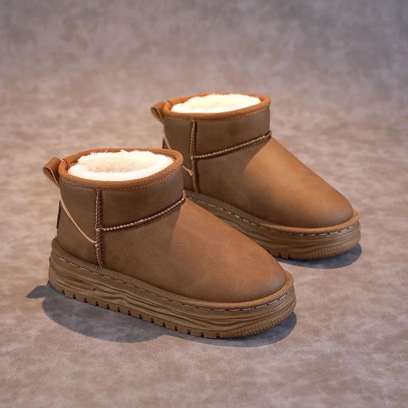 Kindersneeuwlaarzen met antislipbont en dikke zool voor meisjes, casual sportschoenen, damesmode, bruine enkellaarsjes, waterdicht en warm
