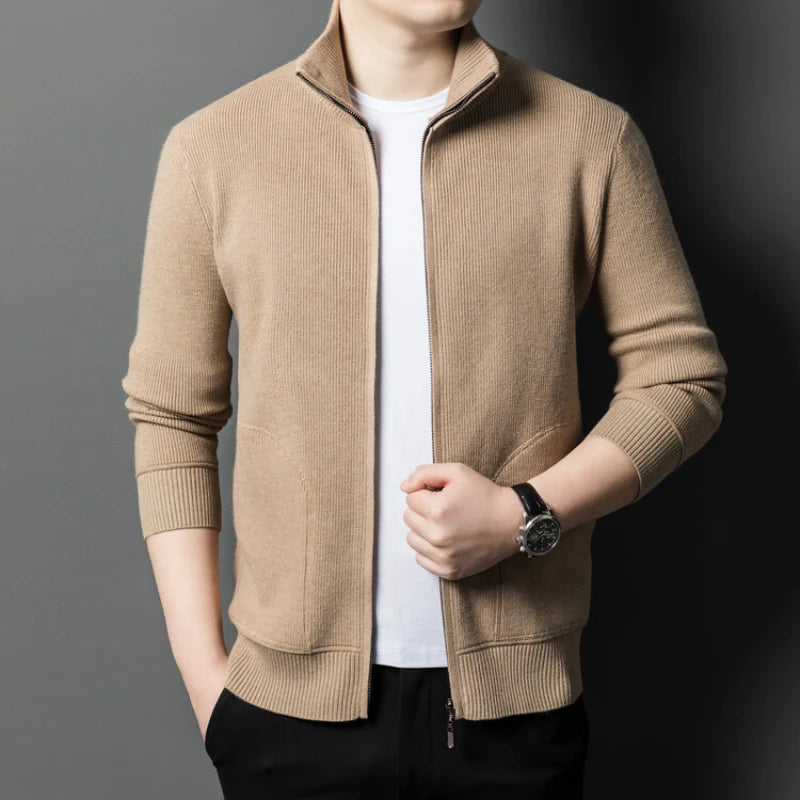 Men's Solid Colour Autumn Long-Sleeved Stretch Warm Cardigan, Daily Jacket Sizes M-4XL