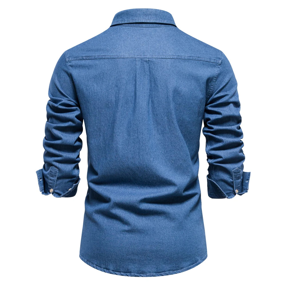Men's Autumn Cotton Denim Shirt Solid Colour Single Pocket Casual Long Sleeve Jeans Shirt for Men