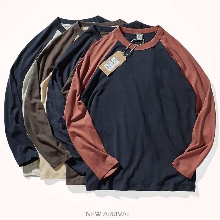 Autumn New American Retro Long Sleeve O-neck Contrast Splicing T-shirt Men's Fashion 100% Cotton Washed Old Casual Sport Tops