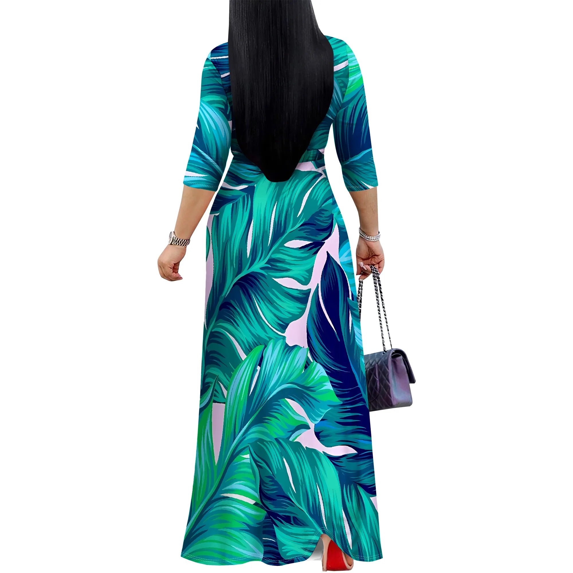 Vacation V-Neck Wrap Dress - Adjustable Tie Waist Floral Midi Dress, Tropical Resort Wear for Women