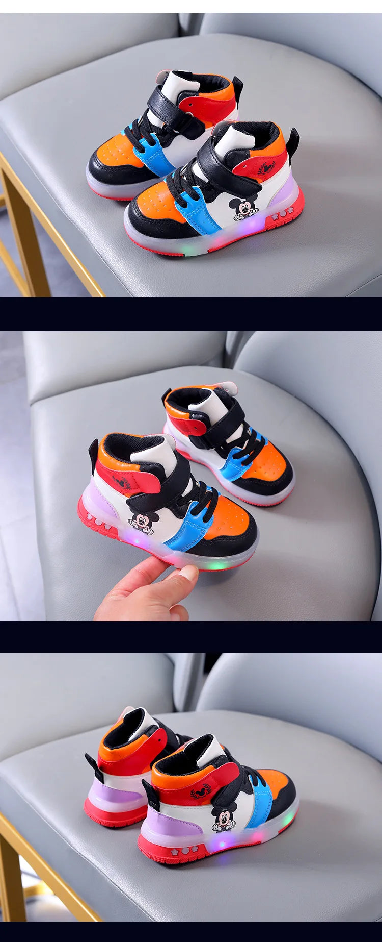 Disney Girls' Casual Sneakers PU Leather Mickey Mouse LED Light-Up Children's Sneakers - 1-6 Years Old Sports Casual Footwears
