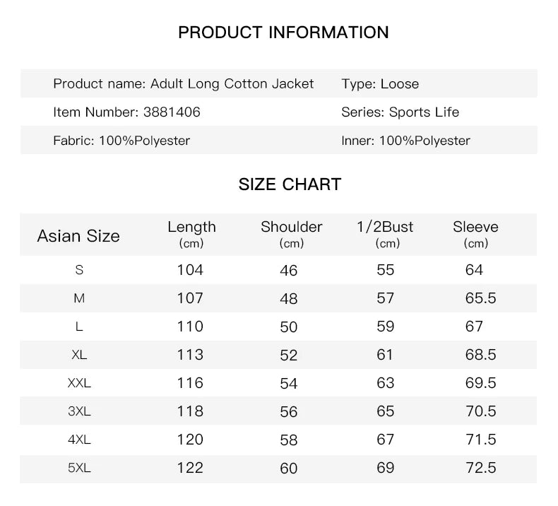 Men's Winter Jacket Long Sports Training Hooded Coat Outwear Warm Silk Cotton Windproof Cotton Clothing