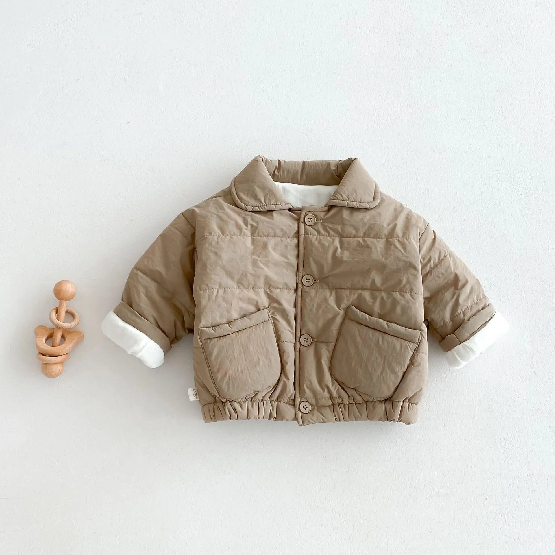 Baby Children's Winter Clothing Solid Colour Cotton Jacket Girls Simple Pocket Outwear Boys Fur Lining Warm Coat 0-5Y Unisex