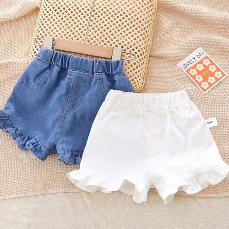 Summer Kid's Pants Fashion Girls New Denim Ruffle Shorts Children's Wear Teenage Girl Jeans 4-6Y