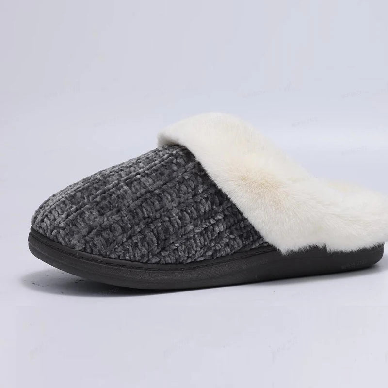 Women's Fleece Lined Warm House Cotton Slippers With Memory Foam and Non-Slip Cosy Fluffy Sole Plush Knit Slides Suitable For Bedroom Use