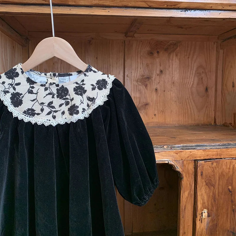 Autumn Velvet Vintage Style Kids Long Dress for Girls Floral Round Collar Princess Kids Clothes Dresses 2-6 Years