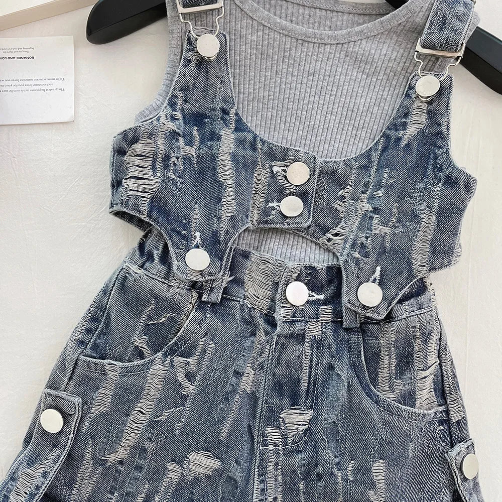 New Summer Girls Clothes 3PCS Set Kids Grey Pit Strip Vest + Ripped Denim Suit Children Fashion Outfit 4-6Y Unisex