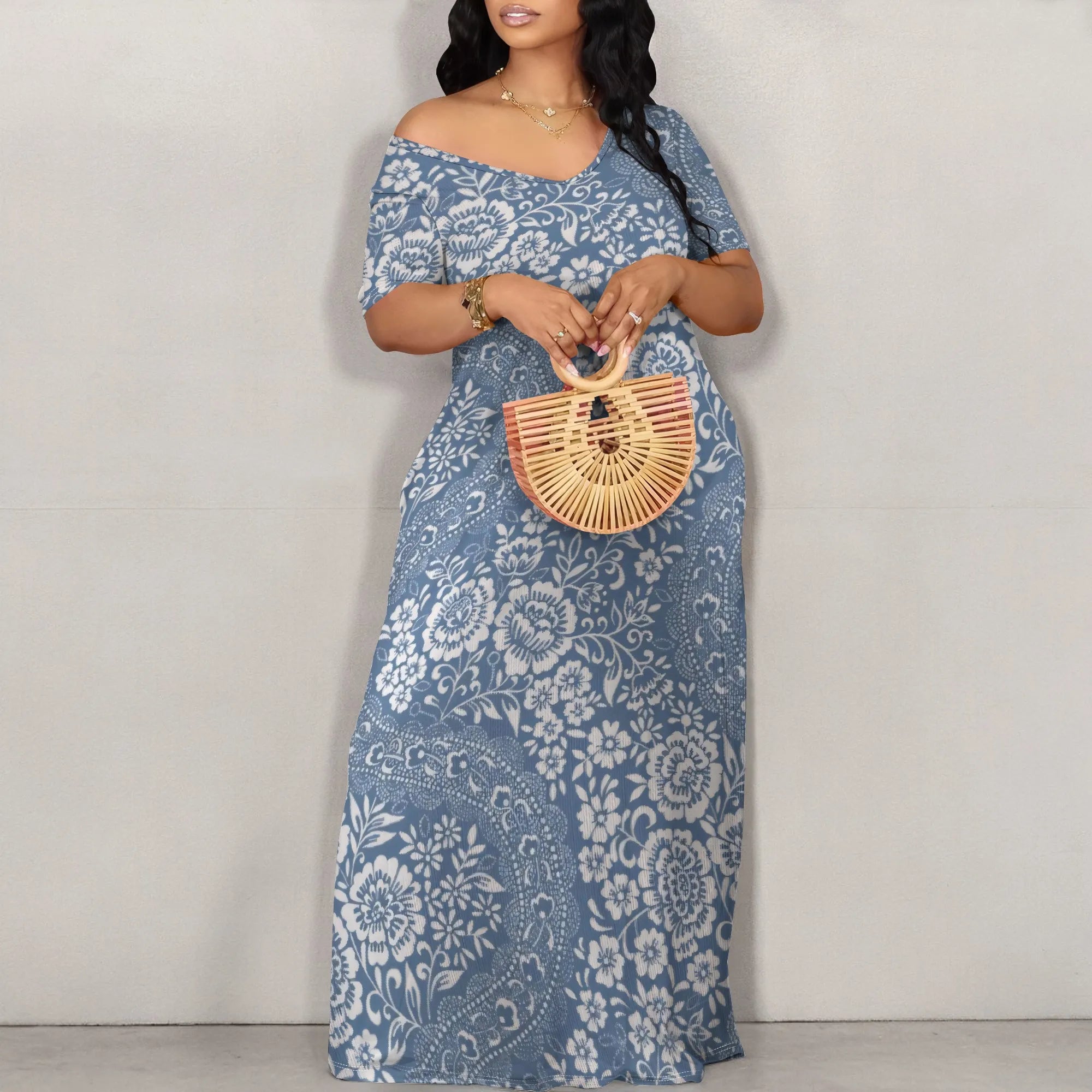 Trendy Off Shoulder Floral Print Maxi Dress Women Summer Look with Side Pockets