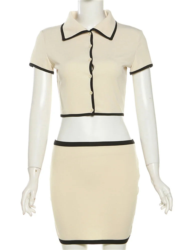 Geribbelde 2-delige set voor dames, polokraag, cardigan, crop tops + stretchrokken, bijpassende casual, eenvoudige, trendy, elegante outfits