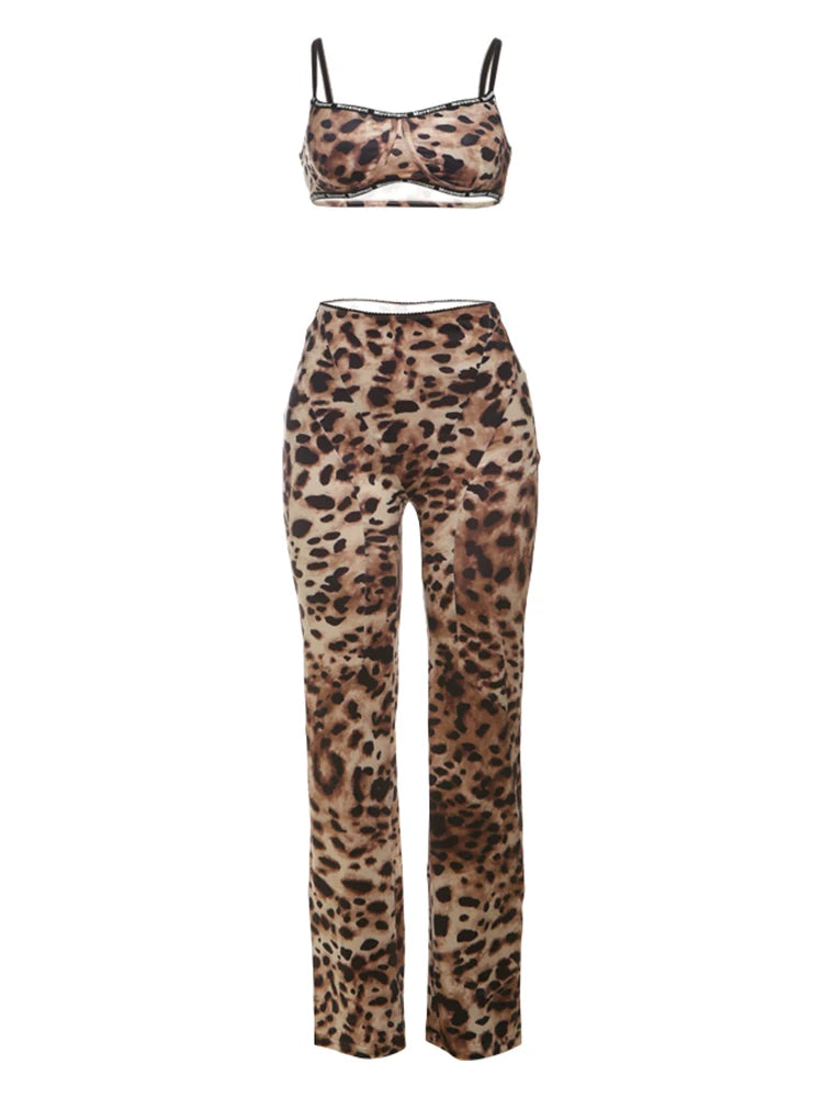 Stretch Women 2 Piece Set Activity Leopard Print Sexy Tracksuit Streetwear Sporty Camisole Vest + Leggings Skinny Outfits