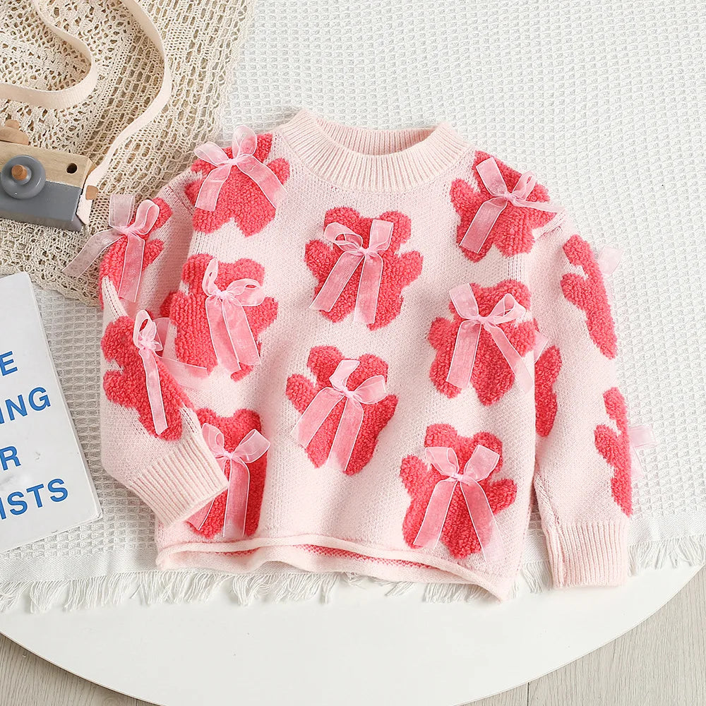 New Autumn Girls Knitted Sweater Sweet Bear Bow Kids Sweater Korean Loose Children Outwear Tops 9M-5T Girls