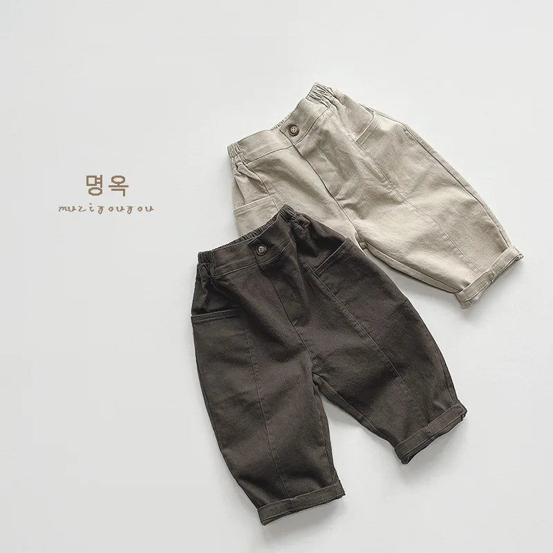 2025 Spring New Children Loose Trousers Toddler Pocket Casual Pants Infant Boys Girls Solid Versatile Harem Pants Kids Clothes Unisex