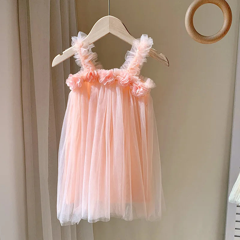 Summer Kids Sweet Mesh Dress Girls 6 Colours Suspended Floral Beach Skirt Children Tutu Princess Dress 1-6Y Girls
