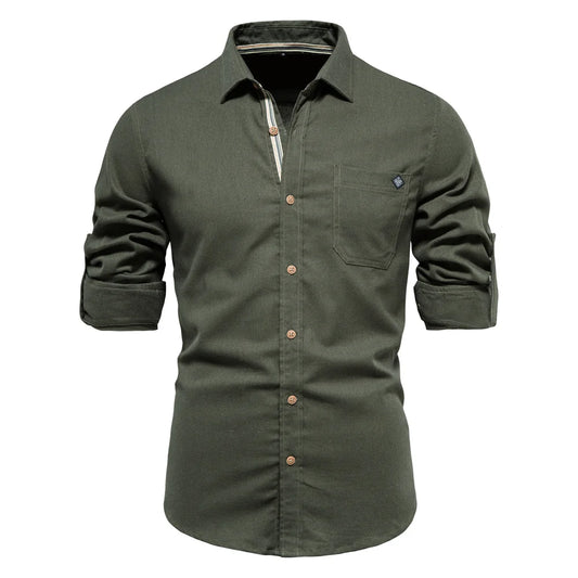 Men's 100% Cotton Social Spring Shirts Single Pocket Solid Colour Long Sleeve Shirts Turn-down Collar For Men