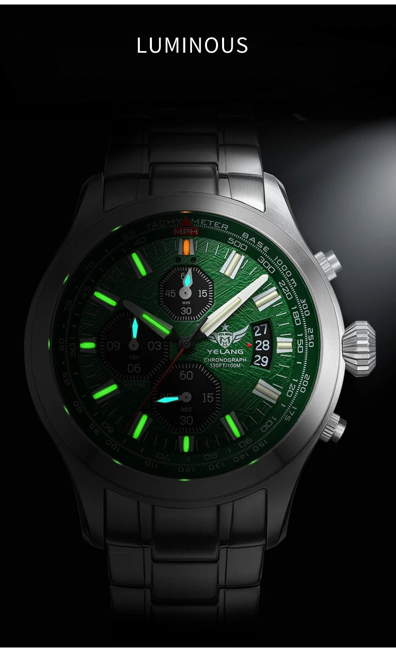 Yelang Men's Three Eyes Six Needles Japan OS00 Movement 100M Water Resistant Waterproof Diving Stainless Steel Quartz Watch