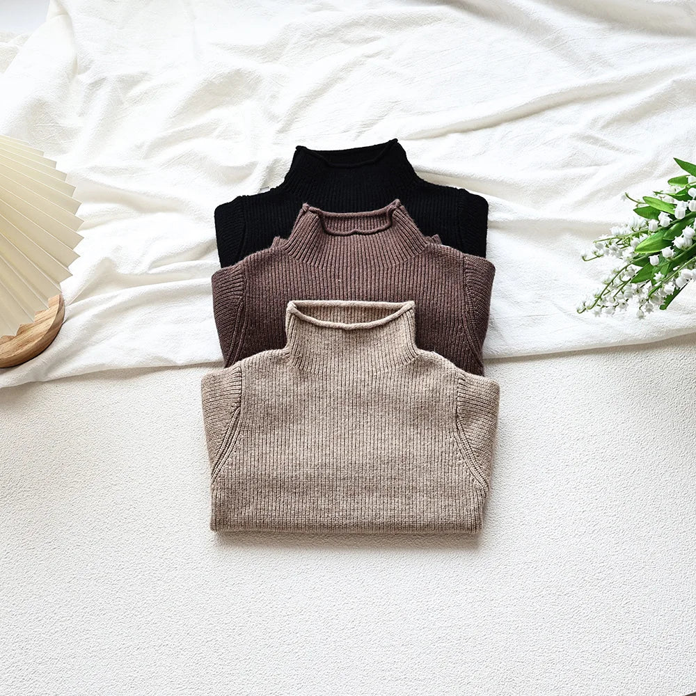 2025 Autumn Winter Comfort Kids Turtleneck Pullover Sweaters Solid Boys Girls Matching Knit Tops Toddler Warm Knitwear Sweaters 1-12Y Unisex