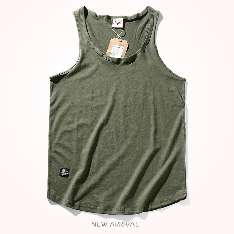 2023 Summer New American Retro Sleeveless O-neck Solid T-shirt Men's Fashion 100% Cotton Washed Old Casual Sports Vest Tops