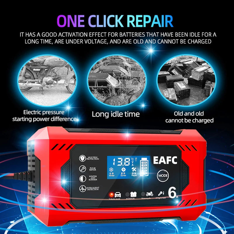 12V Groot Scherm 6A Digitale Auto Acculader Onderhouder voor Auto Motorfiets SUV Vrachtwagen Auto AGM Diepe Cyclus VRLA Puls Reparatie