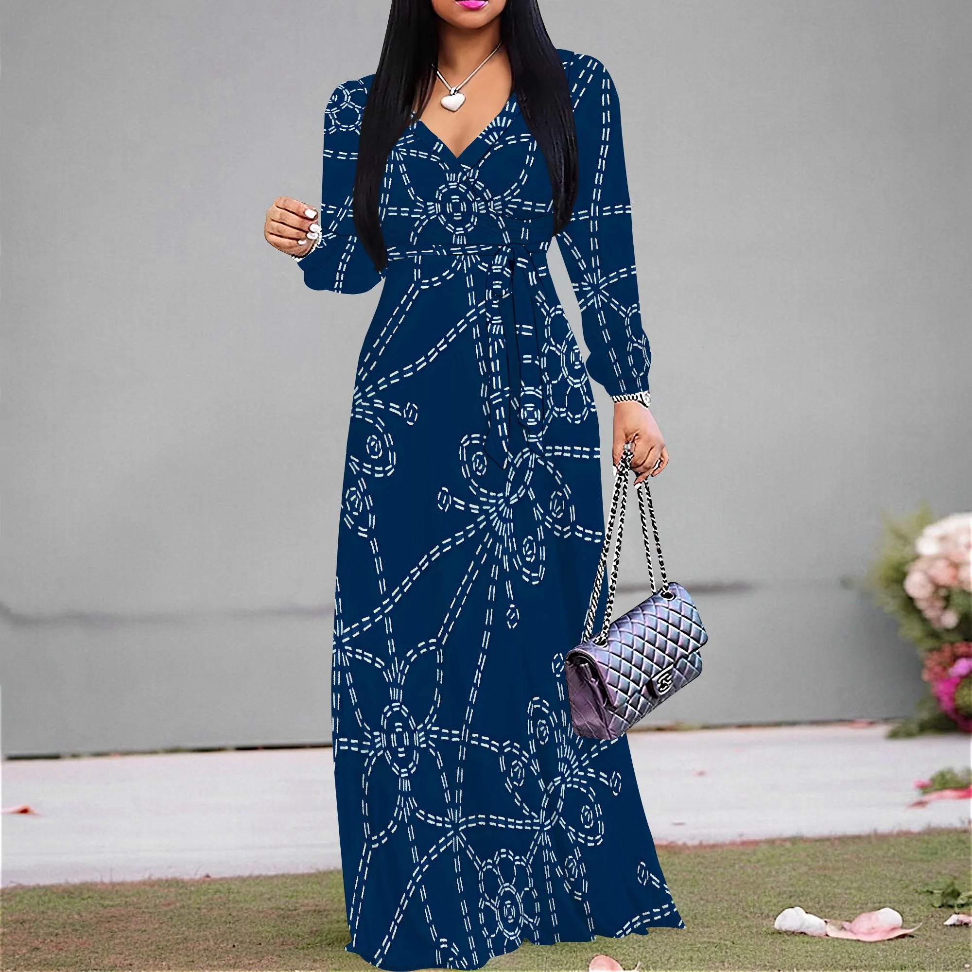 Elegant V-Neck Long Sleeve Geometric Print Maxi Dress for Women Autumn Vacation Style