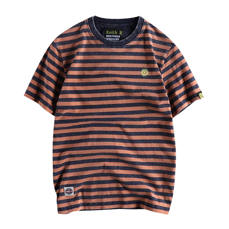 Summer New Japanese Retro Short Sleeve Striped T-shirt Men's Fashion 100% Cotton Slim Simple Round Neck Washed Old Casual Tops