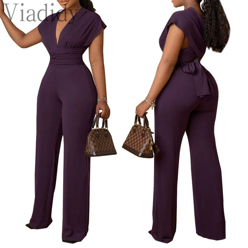 Women Solid Color V-Neck Short Sleeve Slim Waist Back Lace-Up Jumpsuit