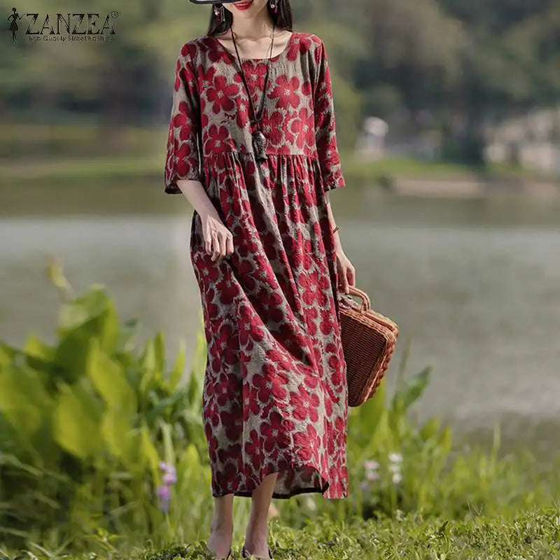 Bohemian Floral Printed Dress Autumn Long Sleeve O-Neck Maxi Robe Woman Casual Holiday Sundress Elegant Party Vestidos