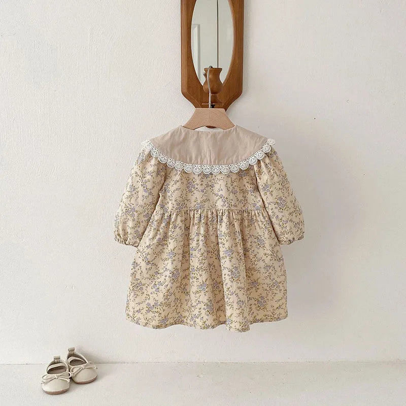 New Spring Girls Floral Dress Kids Cute Lace Doll Collar Princess Dress Children Sweet Flower Clothes For Kids 1-3Y Girls