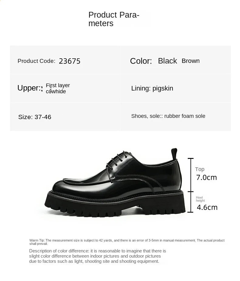 Designer Men's Leather Shoes With Thick Soles Round Toe Glossy Leather Business Dress and Waxed Cowhide Lace-Up British Shoes