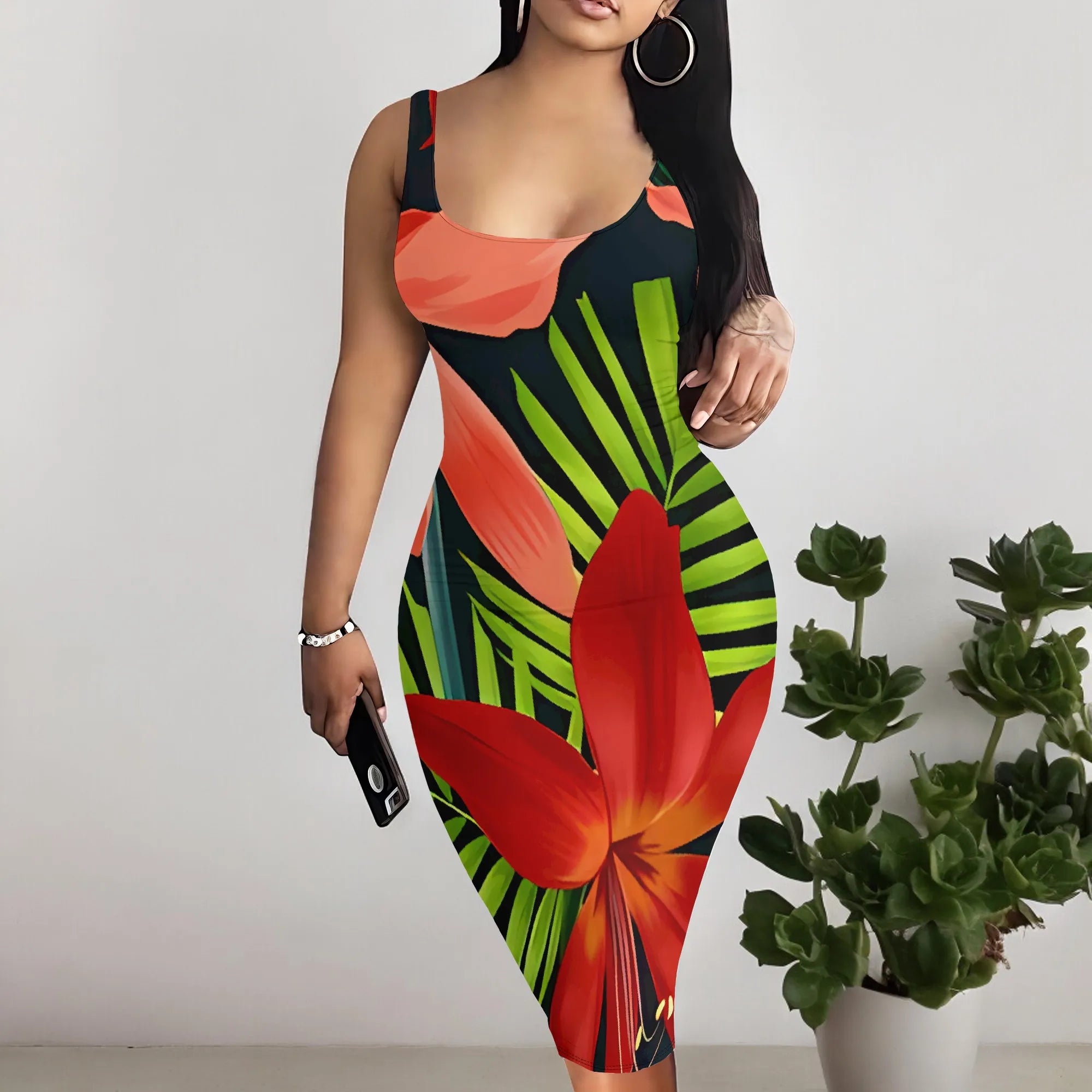 Elegant Floral Tank Midi Dress Women Sleeveless Irises Print Summer Slim Fit Bodycon Dress