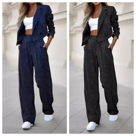 Two Piece Set Women Outfit Autumn Fashion Striped Notched Collar Long Sleeve Blazer Coat & Elegant Straight Leg Pants Set