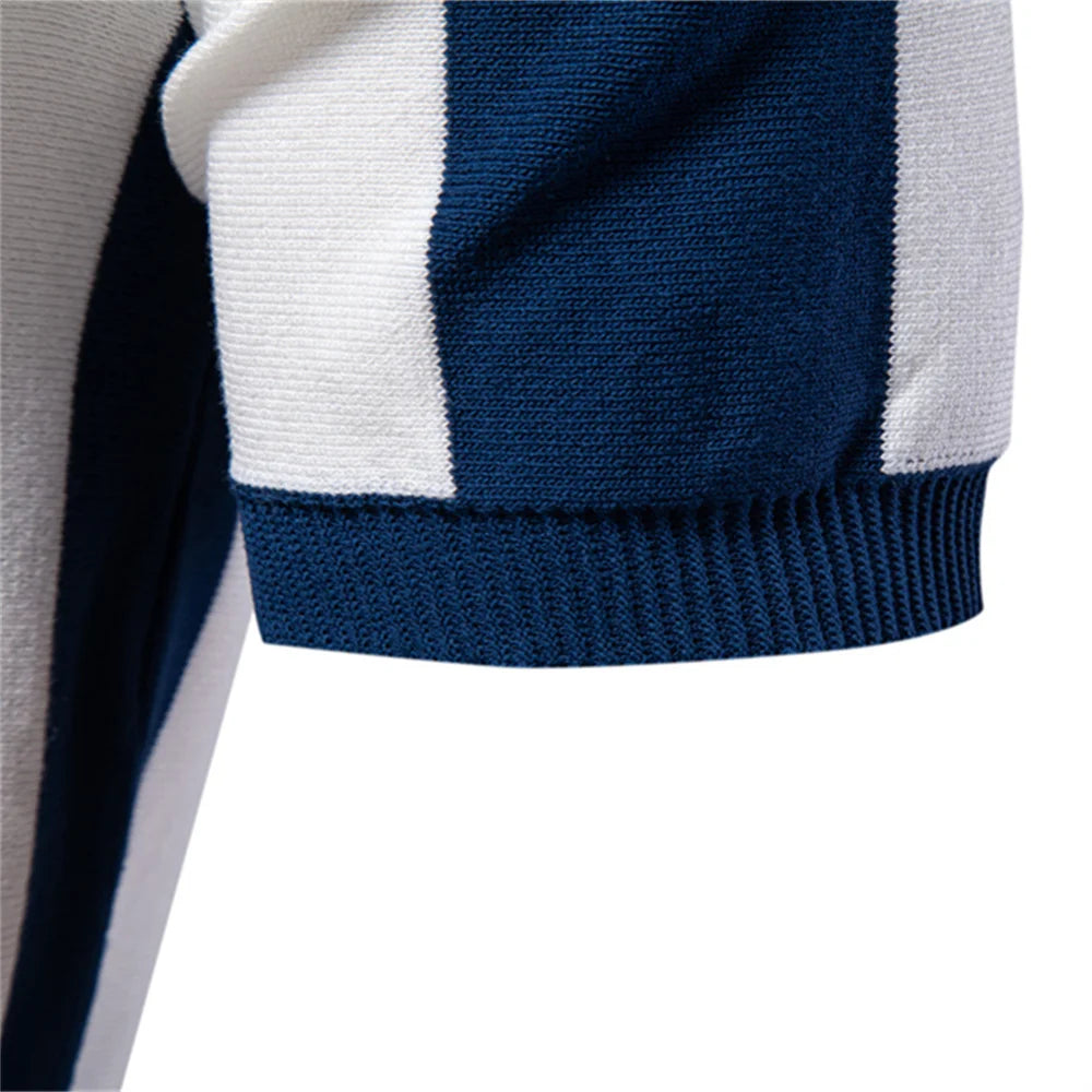 2025 New Summer Men's Breathable Striped Contrast Panel Polo Shirt - Casual Short Sleeve Knit Shirt with Comfort Fit
