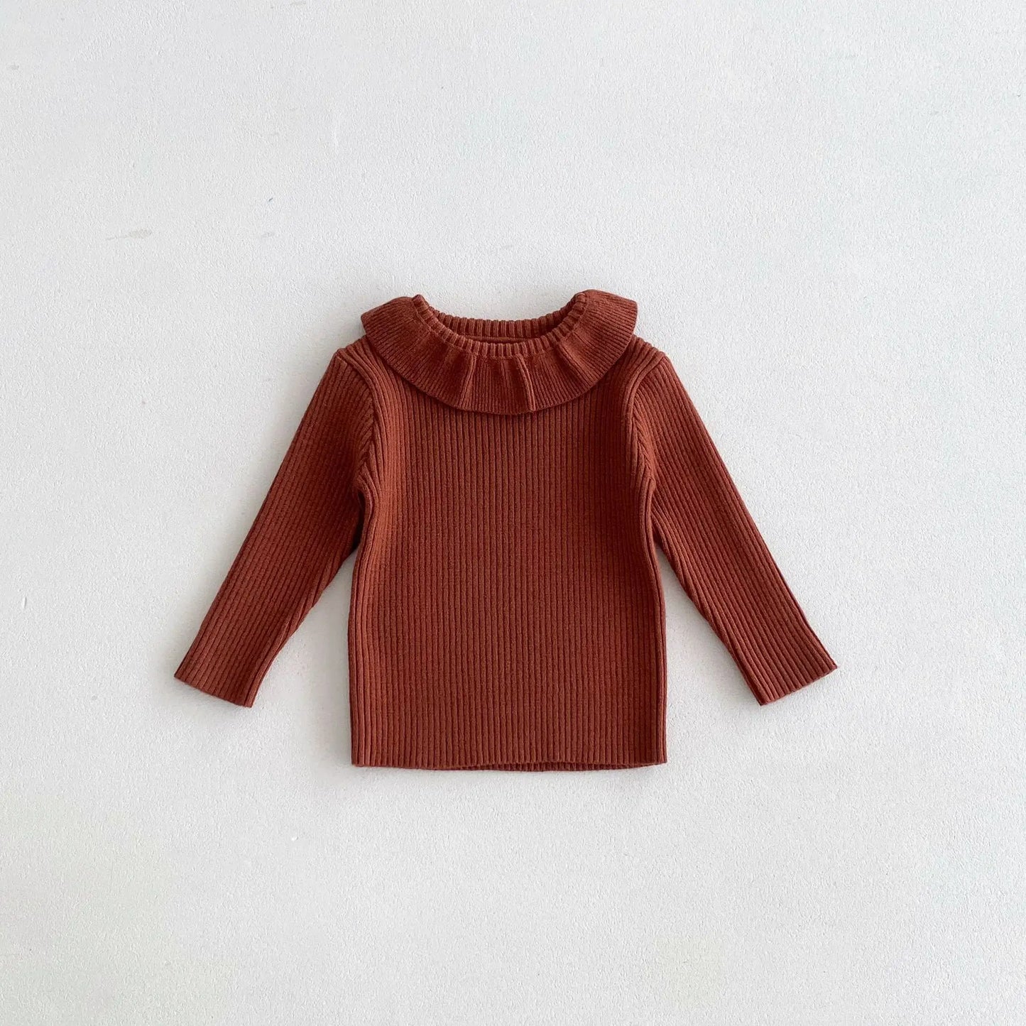 2025 Nieuwe effen trui met onderkant voor meisjes. Kinderkleding met lotusbladkraag en gebreide trui met basistopjes voor meisjes van 1-6 jaar.