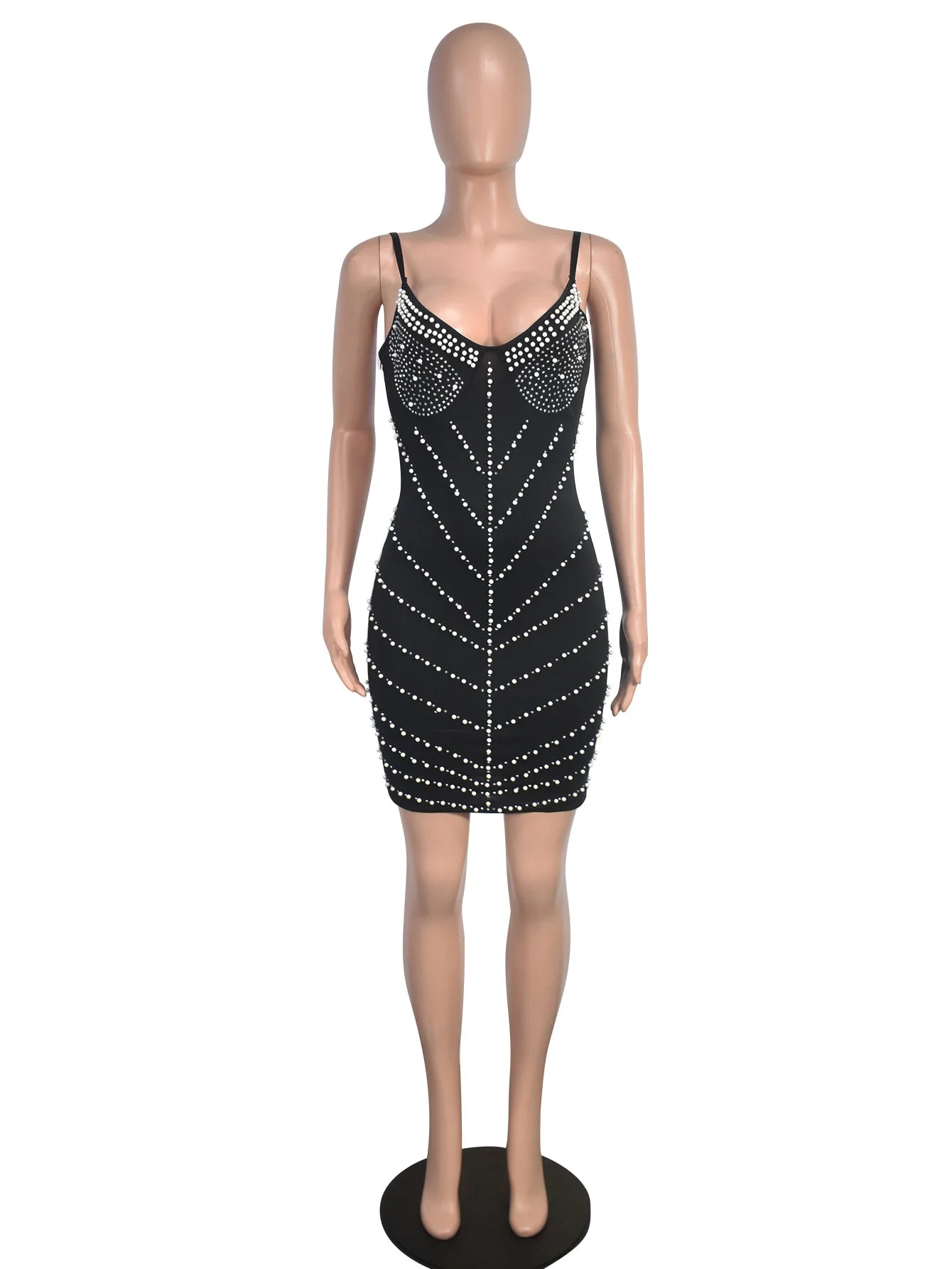 Women's Sexy Solid Color Deep V Neck Spaghetti Strap Beads Rhinestone Decor Mini Party Dress