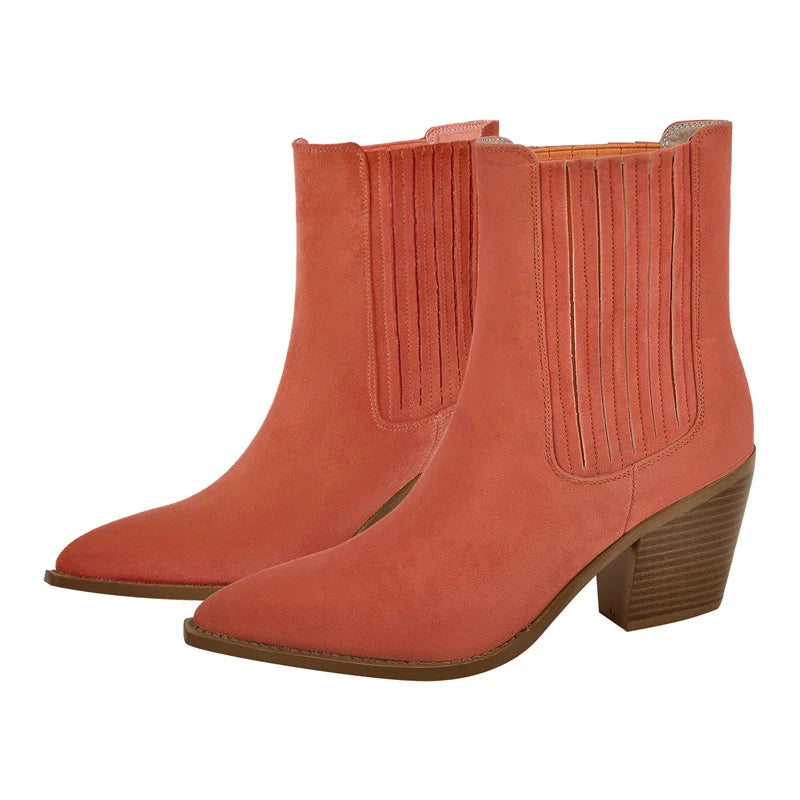 Pointed Toe  Pull-on Western Cowgirl  Boots  Chunky Heel Big Size Ankle Boots