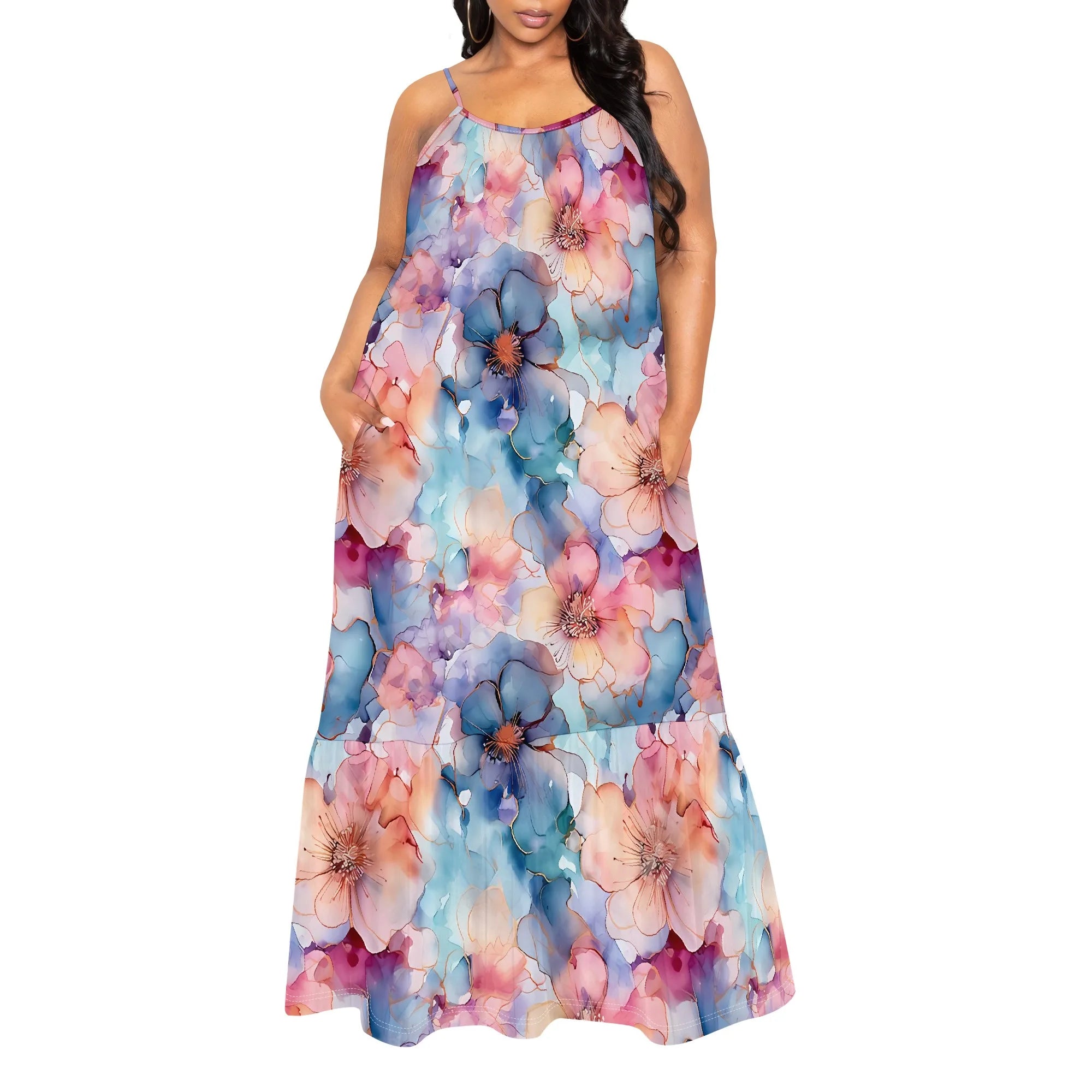 Watercolor Floral Print Sleeveless Maxi Dress Women Casual Beach Style Spaghetti Strap Outfit