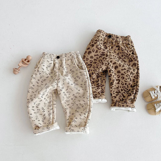 Autumn Kids Baby Pants Thickened Fleece Lining Floral Girls Trousers Warm Fashion Leopard Print Boys Pants Outwear 1-5Y Unisex