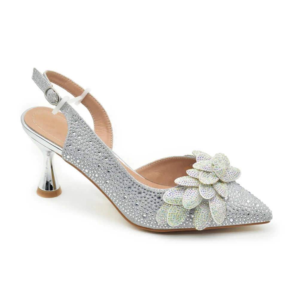 Women High Heel Pointed-Toe Italian Shoes and Bags Matching Set for Ladies Decorated With Rhinestone and Paired with Handmade Petal