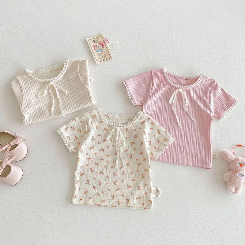 New Summer Kids T-shirt Boys Cute Hollow Out Floral Tops Children Thin Style Pit Strip Lace Girls Tee 1-5T Unisex