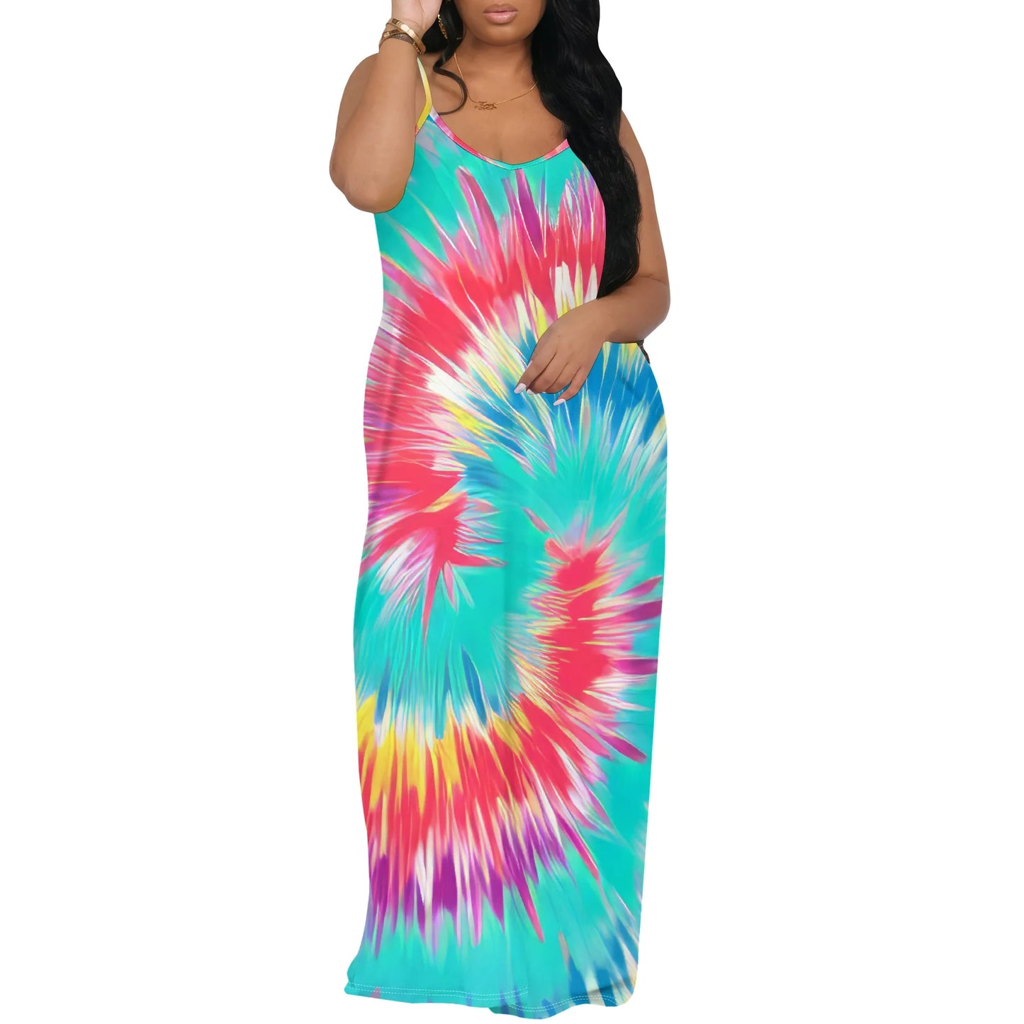 Colorful Tie Dye Maxi Dress for Women Summer Spaghetti Strap Sleeveless Vacation Dress