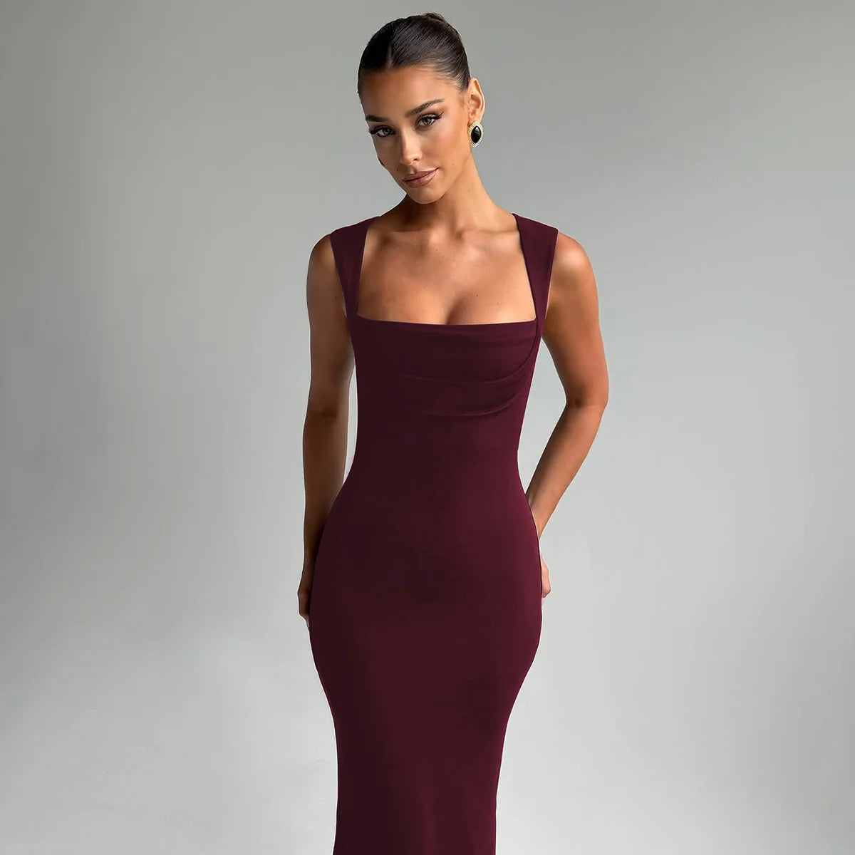 Square Neck Elegant Maxi Dress Club Party Outfits Solid Sexy Sleeveless Birthday Evening Bodycon Dresses Gown