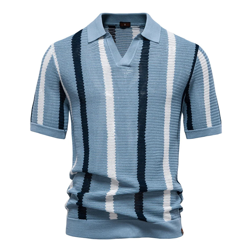 Men's Ribbed Knit Polo Shirt For Breathable Striped Casual Wear with Comfortable Collar High quality Male Polo Shirt