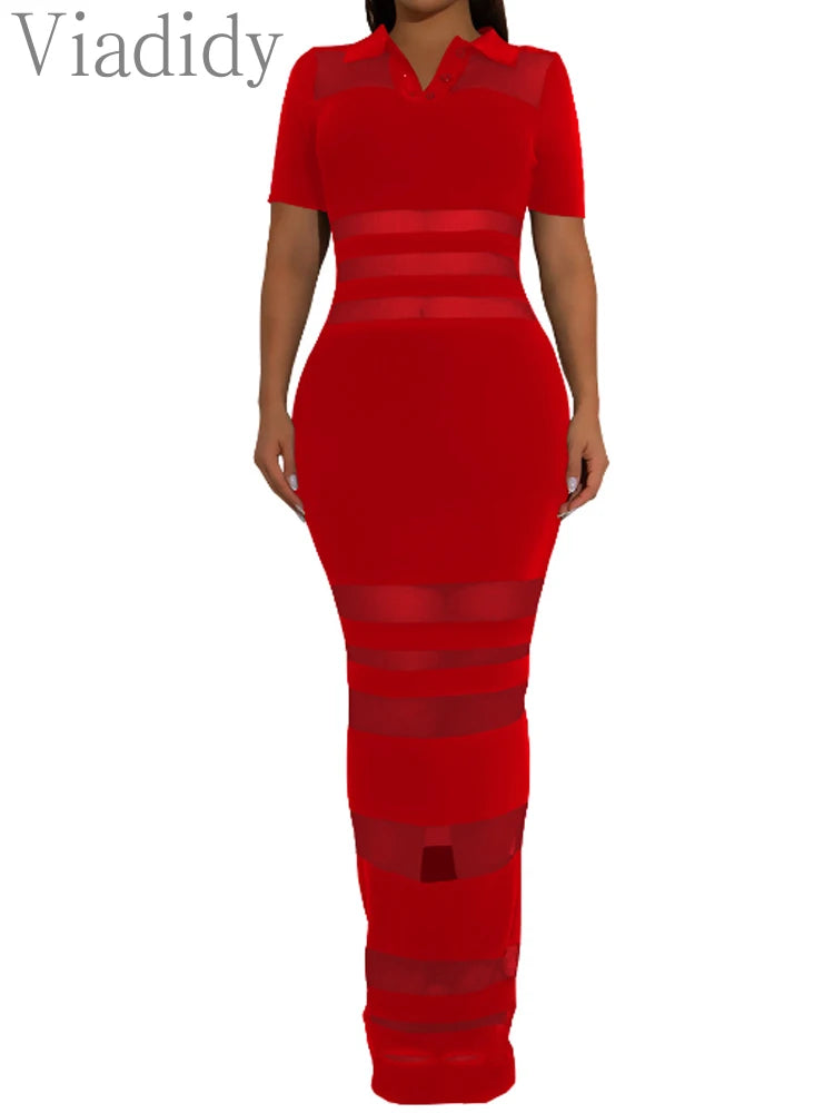Sexy Women Turn Down Collar Short Sleeve Mesh Patchwork Striped Long Dress Vestidos