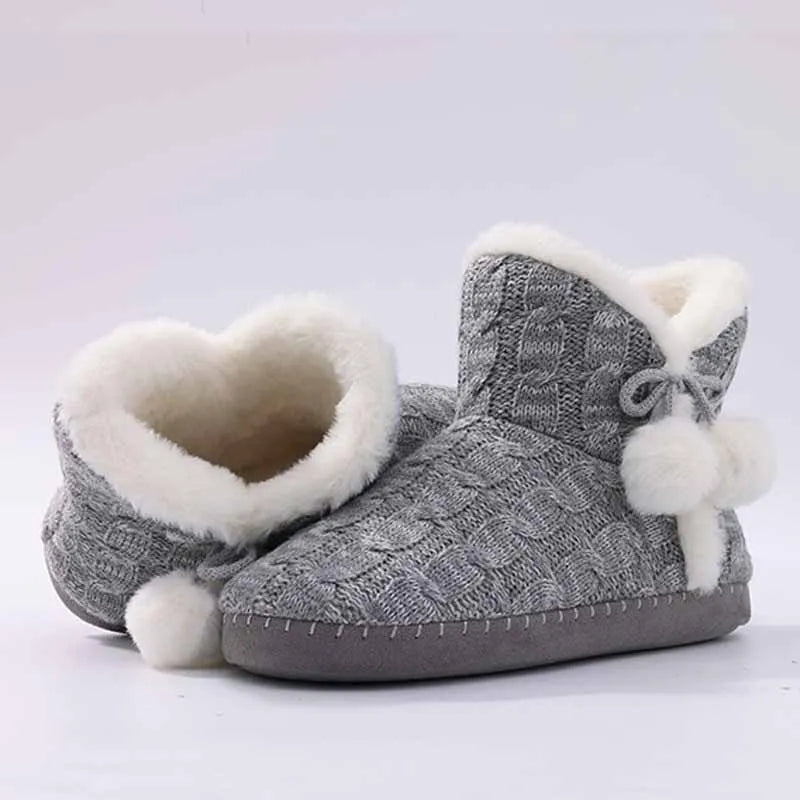 Women's Winter Warm Plush Boots Suitable For Outdoor and Indoor Use With Soft Sole Non-Slip Knit Furry Snow Shoes Cosy Cotton