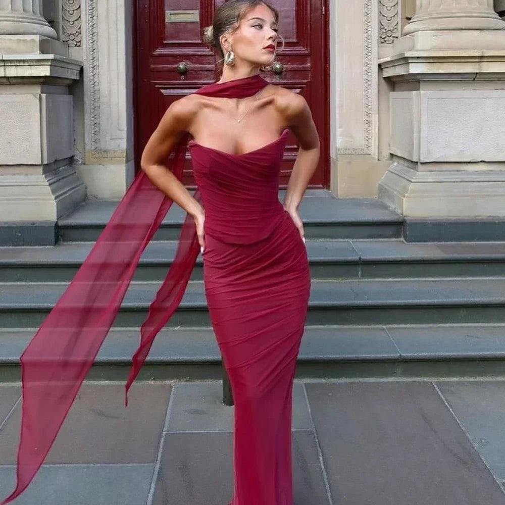 Elegant Women 2 Piece Dress Set 2024 Strapless Bodycon Crop Top and Maxi Skirt Set Formal Wedding Guest Party Dress